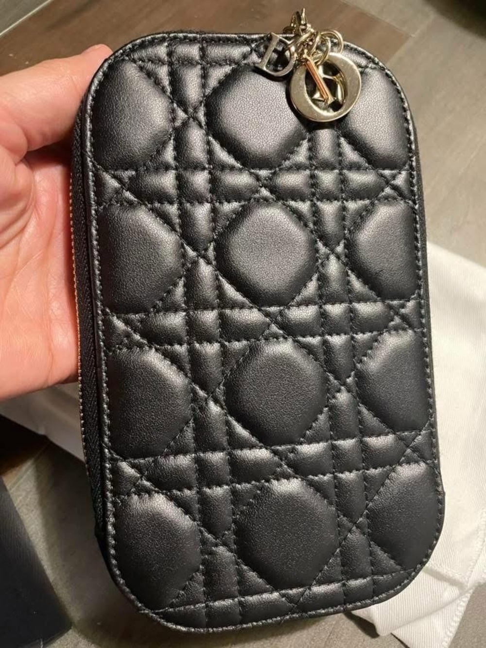 Dior Black Quilted Leather Phone Case with Gold Charm